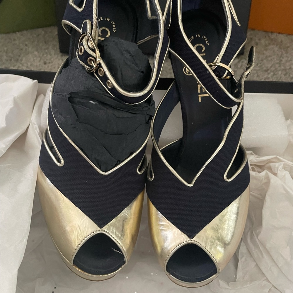 "Navy Canvas Chanel Pumps with Gold Heel - Authentic Luxury on Poshmark" - Picture 4 of 11